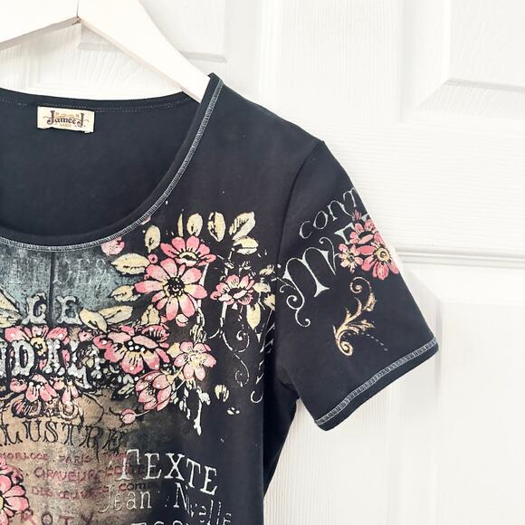 Jamee J Vintage USA Y2K Black Grand Ale Dark Romantic Baby Tee Top Large French - Picture 3 of 9